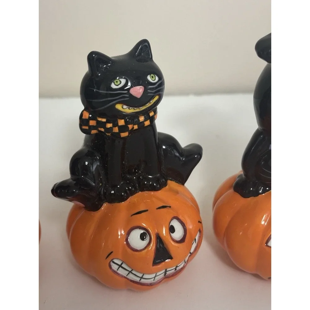 Trio of Ceramic Halloween Cat On Pumpkin Figurines Vintage Inspired Spooky